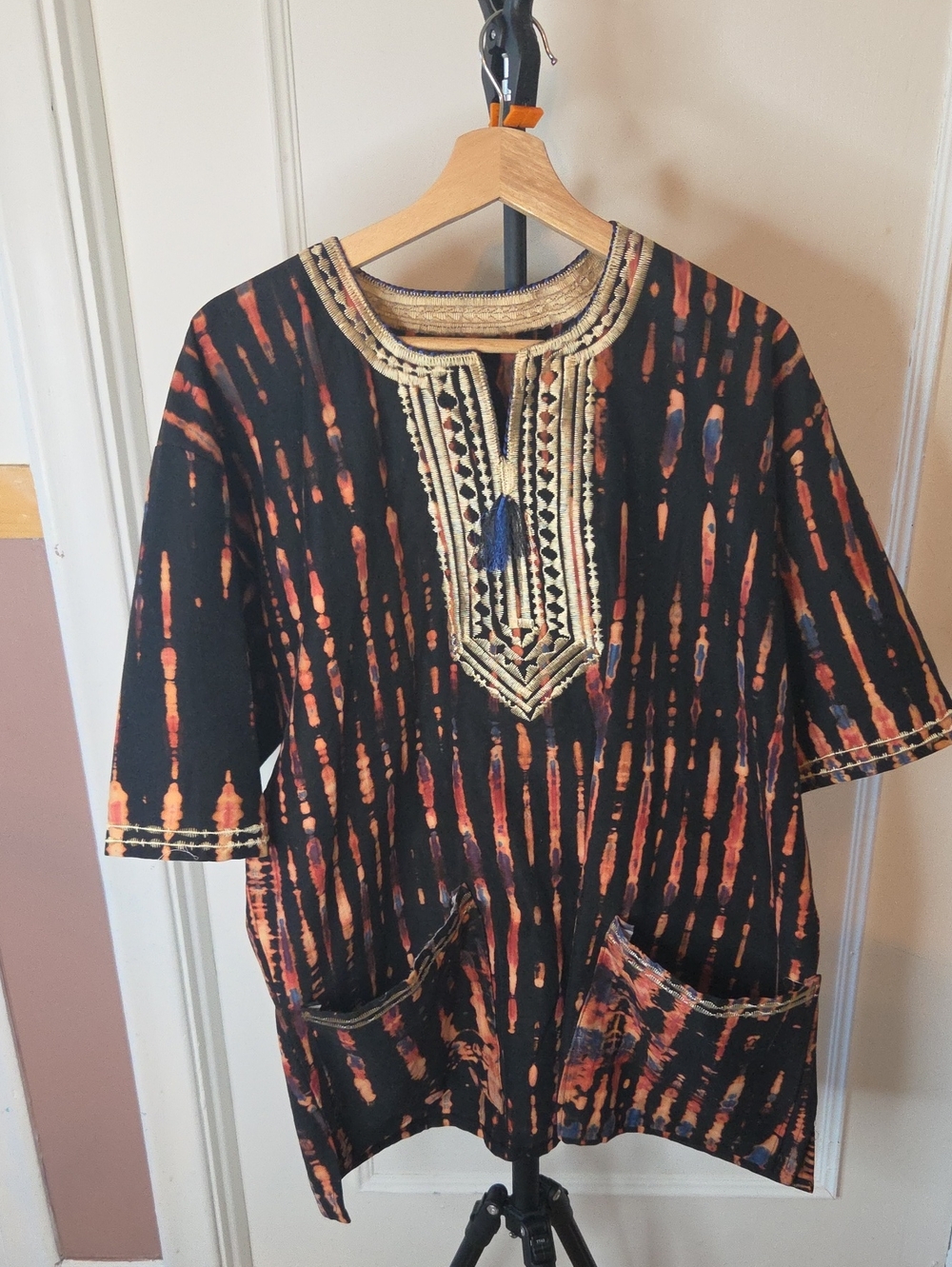 Dashiki-Handcrafted Black Tie-Dye Embroidered Tunic Dress - Orange Accent